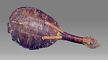 Kanyáhte’ ká’nowa’ (Snapping turtle shell rattle), Shell, wood, cherry pits?, leather, Native American (Iroquois)