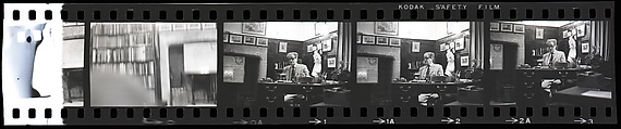 [14 Portraits of a Man Wearing Glasses Sitting at a Desk Surrounded by Framed Maps and Photographs; 5 Views of Cows on a Horizon], Walker Evans (American, St. Louis, Missouri 1903–1975 New Haven, Connecticut), Film negative