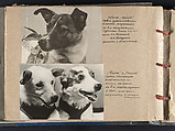Page from Brothers of the Cosmos, 1969, featuring images of Laika, 1957 [top],
by V.M. Baturin and N. K. Filippov; and Belka and Strelka, 1960 [bottom], by Baturin and V. Zhiharekno, V. M. Baturin  Russian, Gelatin silver prints