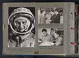 Page from Brothers of the Cosmos, 1969, featuring images of Valentina Tereshkova, 1963 [left];
Konstantin Feoktistov, Vladimir Komarov, and Boris Yegerov, 1964 [top right]; and Komarov with his son, 1964 [bottom right], all by Baturin and V. Zhiharekno, V. M. Baturin  Russian, Gelatin silver prints