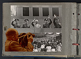 Page from Brothers of the Cosmos, 1969, featuring a photomontage of Baturin with a camera and
cosmonauts Pavel Popovich and Andriyan Nikolayev meeting Soviet Premier Nikita Khrushchev in Moscow, 1962, V. M. Baturin  Russian, Gelatin silver prints and chromogenic print