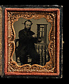 [Man Demonstrating Patent Model for Sash Window], Unknown (American), Tintype with applied color