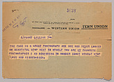 [Telegram to Lillian Bassman, New York to Paris], Richard Avedon  American