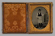 [Carpenter with Ladder, Hammer, Level, and Toolbox], Unknown, Tintype with applied color