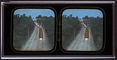 [Stereographic View of Paris-Lyon Railroad Tracks with "Ghost" Train Visible When Viewed by Transmitted Light], Unknown (French), Albumen silver print with applied color