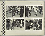 [Pedestrians, New York City: Woman in White Collarless Jacket; Man and Manhole in Foreground; Young Man Carrying Shoe Boxes; Taxicab, Three Women, and Lamppost], Rudy Burckhardt (American (born Switzerland), Basel 1914–1999 Searsmont, Maine), Gelatin silver print