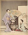 [Two Japanese Women in Traditional Dress with Fan and Screen], Suzuki Shin'ichi  Japanese, Albumen silver print from glass negative with applied color