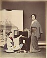 [Two Japanese Women Posing with Fans], Suzuki Shin'ichi  Japanese, Albumen silver print from glass negative with applied color