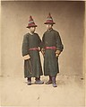 [Two Chinese Men in Matching Traditional Dress], Raimund von Stillfried  Austrian, Albumen silver print from glass negative with applied color