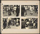 [Pedestrians, New York City: Woman in White Collarless Jacket; Man and Manhole in Foreground; Young Man Carrying Shoe Boxes; Taxicab, Three Women, and Lamppost], Rudy Burckhardt (American (born Switzerland), Basel 1914–1999 Searsmont, Maine), Gelatin silver print