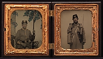 [Union Soldier in Dress Coat, Seated, before Painted Backdrop (left); Union Soldier in Winter Overcoat, Standing, in Full Marching Order (right)], Unknown (American), Ambrotype; tintype