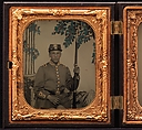 [Union Soldier in Dress Coat, Seated, before Painted Backdrop (left); Union Soldier in Winter Overcoat, Standing, in Full Marching Order (right)], Unknown (American), Ambrotype; tintype