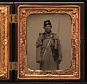 [Union Soldier in Dress Coat, Seated, before Painted Backdrop (left); Union Soldier in Winter Overcoat, Standing, in Full Marching Order (right)], Unknown (American), Ambrotype; tintype
