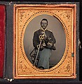 [Union Cavalry Officer Displaying Sword, Holding Hat, Seated in Studio], Unknown (American), Tintype