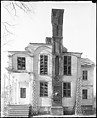 [Left Wing Façade of Queen Anne (?) House with Patterned Masonry Chimney, New York], Walker Evans  American, Glass negative
