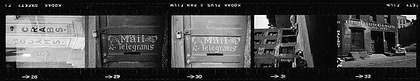 [72 Views of Signs and Shopwindows, with Studies of Men's Dress Possibly for Unpublished Fortune Portfolio "The Clothes," Vicinity Cortlandt Street, New York City], Walker Evans (American, St. Louis, Missouri 1903–1975 New Haven, Connecticut), Film negative