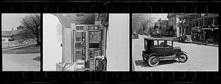 [Three 35mm Film Frames: Saake's Drugstore, Probably Millerton, New York; Partial View of Farm Buildings and Street, New York State; Parked Car on Main Street, New York State], Walker Evans (American, St. Louis, Missouri 1903–1975 New Haven, Connecticut), Film negative