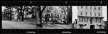 [Three 35mm Film Frames: "Bartlett House" Hotel Façade Detail, Ghent, New York; Brick Greek Revival House, Claverack, New York; Oblique View of Brick House From Road, Claverack, New York], Walker Evans (American, St. Louis, Missouri 1903–1975 New Haven, Connecticut), Film negative