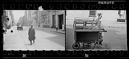 [Two 35mm Film Frames: Man Crossing Street, Possibly Abdingdon Square, and Vendor, Greenwich Village, New York City], Walker Evans (American, St. Louis, Missouri 1903–1975 New Haven, Connecticut), Film negative