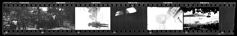 [Five 35mm Film Frames: South Seas: Unidentified Group on Shore, Unidentified Man in Sarong on Shore, Polly Campbell on Deck of Cressida, Boat in Harbor Through Plantings, From Shore], Walker Evans (American, St. Louis, Missouri 1903–1975 New Haven, Connecticut), Film negative