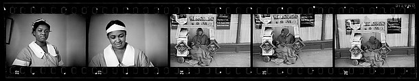 [Five 35mm Film Frames: Red Cross Nurse, Memphis, Tennessee or Forrest City, Arkansas; Street Preacher and Wagon on Sidewalk, Memphis, Tennessee], Walker Evans (American, St. Louis, Missouri 1903–1975 New Haven, Connecticut), Film negative