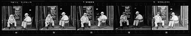 [Five 35mm Film Frames: Two Elderly Men in Conversation on Porch in Front of Painted Sign for "Free Dance", Greensboro, Alabama?], Walker Evans (American, St. Louis, Missouri 1903–1975 New Haven, Connecticut), Film negative
