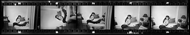 [Five 35mm Film Frames: Jane Smith Evans Reading Newspaper in Bed, New York City], Walker Evans (American, St. Louis, Missouri 1903–1975 New Haven, Connecticut), Film negative