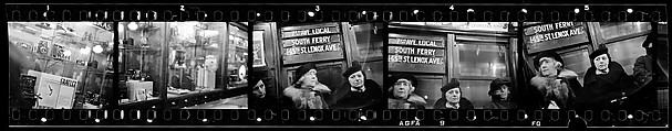 [Five 35mm Film Frames: Camera Store Window, New York City; Subway Passengers, New York City: Women Beneath 