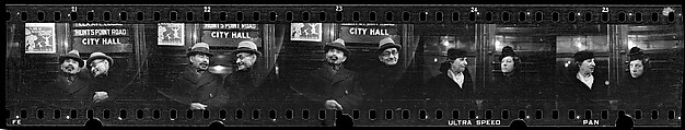 [Five 35mm Film Frames: Subway Passengers, New York City: Two Men Beneath "City Hall" Sign, Two Women], Walker Evans (American, St. Louis, Missouri 1903–1975 New Haven, Connecticut), Film negative