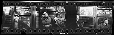[Three 35mm Film Frames: Subway Passengers, New York City: Man in Cap Beneath 