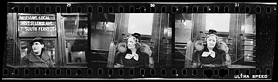 [Three 35mm Film Frames: Subway Passengers, New York City: Woman in Hat Beneath "7th Ave Local" Sign, Woman in Scarf and Fur Collar], Walker Evans (American, St. Louis, Missouri 1903–1975 New Haven, Connecticut), Film negative