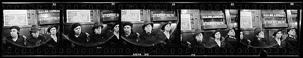 [Five 35mm Film Frames: Subway Passengers, New York City: Three Women in Hats, Women and Man Beneath "7th Ave Express" Sign], Walker Evans (American, St. Louis, Missouri 1903–1975 New Haven, Connecticut), Film negative