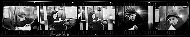 [Five 35mm Film Frames: Subway Passengers, New York City: Man in Cap Reading Newspaper, Standee Reading Book, Seated Man], Walker Evans (American, St. Louis, Missouri 1903–1975 New Haven, Connecticut), Film negative