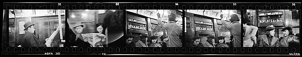 [Five 35mm Film Frames: Subway Passengers, New York City: Man, Woman Reading Newspaper, Women Beneath "Lex Ave Express" Sign, Two Women in Conversation Beneath "Broadway 7th Ave Express" Sign], Walker Evans (American, St. Louis, Missouri 1903–1975 New Haven, Connecticut), Film negative