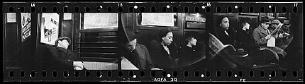 [Four 35mm Film Frames: Subway Passengers, New York City: Sleeping Man in Car Corner, Aunt Jemima Pancake Mix Advertisement in Subway Car, Woman in Fur Collar, Row of Passengers], Walker Evans (American, St. Louis, Missouri 1903–1975 New Haven, Connecticut), Film negative