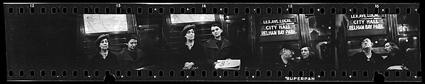 [Four 35mm Film Frames: Subway Passengers, New York City: Two Women, Women Beneath "Lex Ave Local" Sign], Walker Evans (American, St. Louis, Missouri 1903–1975 New Haven, Connecticut), Film negative