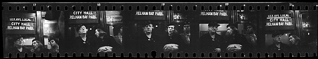 [Five 35mm Film Frames: Subway Passengers, New York City: Three Women Beneath "Lex Ave Local" Sign, Two Women Beneath "City Hall" Sign, Two Women Beneath "Pelham Bay Park" Sign, Two Women in Conversation Beneath "Pelham Bay Park" Sign, Two Women in Conversation Beneath "Lex Ave Local" Sign], Walker Evans (American, St. Louis, Missouri 1903–1975 New Haven, Connecticut), Film negative