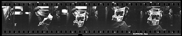 [Five 35mm Film Frames: Subway Passengers, New York City: Man in Cap Reading Newspaper, Subway Car Interior], Walker Evans (American, St. Louis, Missouri 1903–1975 New Haven, Connecticut), Film negative