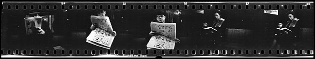 [Five 35mm Film Frames: Subway Passengers, New York City: Man Reading Newspaper, Mother with Book on Lap and Child], Walker Evans (American, St. Louis, Missouri 1903–1975 New Haven, Connecticut), Film negative