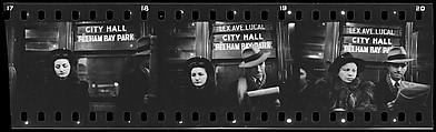 [Three 35mm Film Frames: Subway Passengers, New York City: Woman Beneath "City Hall" Sign, Woman, Man Reading Newspaper Beneath "City Hall" Sign, Woman in Fur Collar, Man Reading Newspaper Beneath "City Hall" Sign], Walker Evans (American, St. Louis, Missouri 1903–1975 New Haven, Connecticut), Film negative