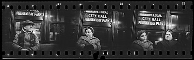 [Three 35mm Film Frames: Subway Passengers, New York City: Man in Cap Beneath "Pelham Bay Park" Sign, Women Beneath "Lex Ave Local" Sign], Walker Evans (American, St. Louis, Missouri 1903–1975 New Haven, Connecticut), Film negative