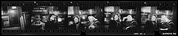 [Five 35mm Film Frames: Subway Passengers, New York City: Man Reading Newspaper, Woman Beneath "City Hall" Sign, Two Women in Headscarfs], Walker Evans (American, St. Louis, Missouri 1903–1975 New Haven, Connecticut), Film negative