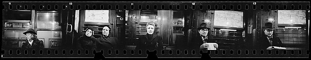 [Five 35mm Film Frames: Subway Passengers, New York City: Woman in Hat and Scarf, Older Woman and Girl, Woman in Headscarf, Man in Hat Holding Newspaper], Walker Evans (American, St. Louis, Missouri 1903–1975 New Haven, Connecticut), Film negative
