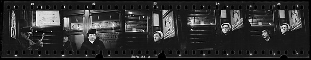 [Five 35mm Film Frames: Subway Passengers, Times Square Shuttle, New York City: Young Man in Billled Cap, Woman, Sailor Beneath Chesterfield Cigarette Advertisement], Walker Evans (American, St. Louis, Missouri 1903–1975 New Haven, Connecticut), Film negative