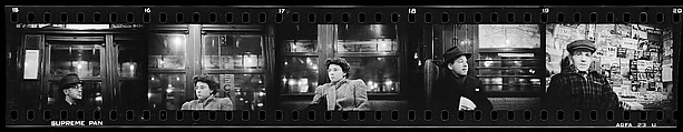 [Five 35mm Film Frames: Subway Passengers, New York City: Man in Hat and Eyeglasses, Young Woman in Eyeglasses and Coat, Man in Hat Beneath Map, Subway Newsstand Vendor in Front of Magazine Display], Walker Evans (American, St. Louis, Missouri 1903–1975 New Haven, Connecticut), Film negative