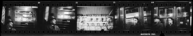 [Five 35mm Film Frames: Subway Passengers, New York City: Man Wearing Eyeglasses and Hat in Car Corner, Magazine Display at Subway Newsstand, Girl], Walker Evans (American, St. Louis, Missouri 1903–1975 New Haven, Connecticut), Film negative