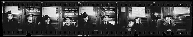 [Five 35mm Film Frames: Subway Passengers, New York City: Woman, Man Beneath "Lex Ave Local" Sign, Mother and Daughter Beneath Symphony Poster, Older Woman in Hat and Fur Collar], Walker Evans (American, St. Louis, Missouri 1903–1975 New Haven, Connecticut), Film negative