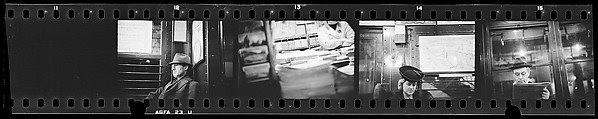 [Five 35mm Film Frames: Subway Passengers, New York City: Man Wearing Hat and Overcoat, Woman in Hat, Man Reading Newspaper, Subway Bookstall?], Walker Evans (American, St. Louis, Missouri 1903–1975 New Haven, Connecticut), Film negative