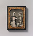 [Two Seated Young Men Wearing Gingham Trousers, Bow Ties, and Brimmed, Soft Hats], Unknown (American), Daguerreotype