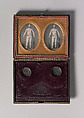 [Stereoscopic Case, Partially Nude Strongman Holding Indian Clubs], Unknown (American), Daguerreotype with applied color